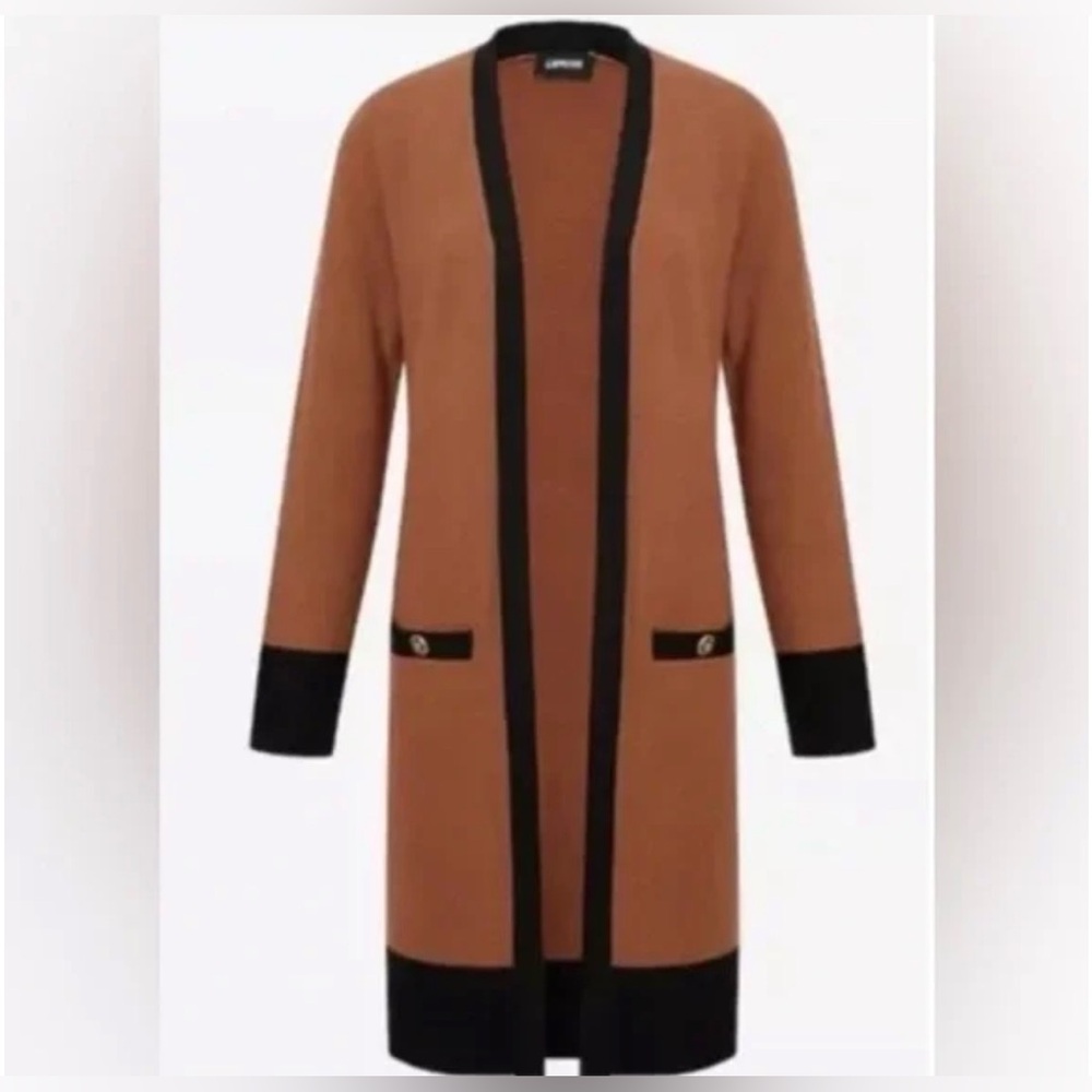 NWT Express Tipped Padded Shoulder Novelty Button Long Cardigan Brown and Black